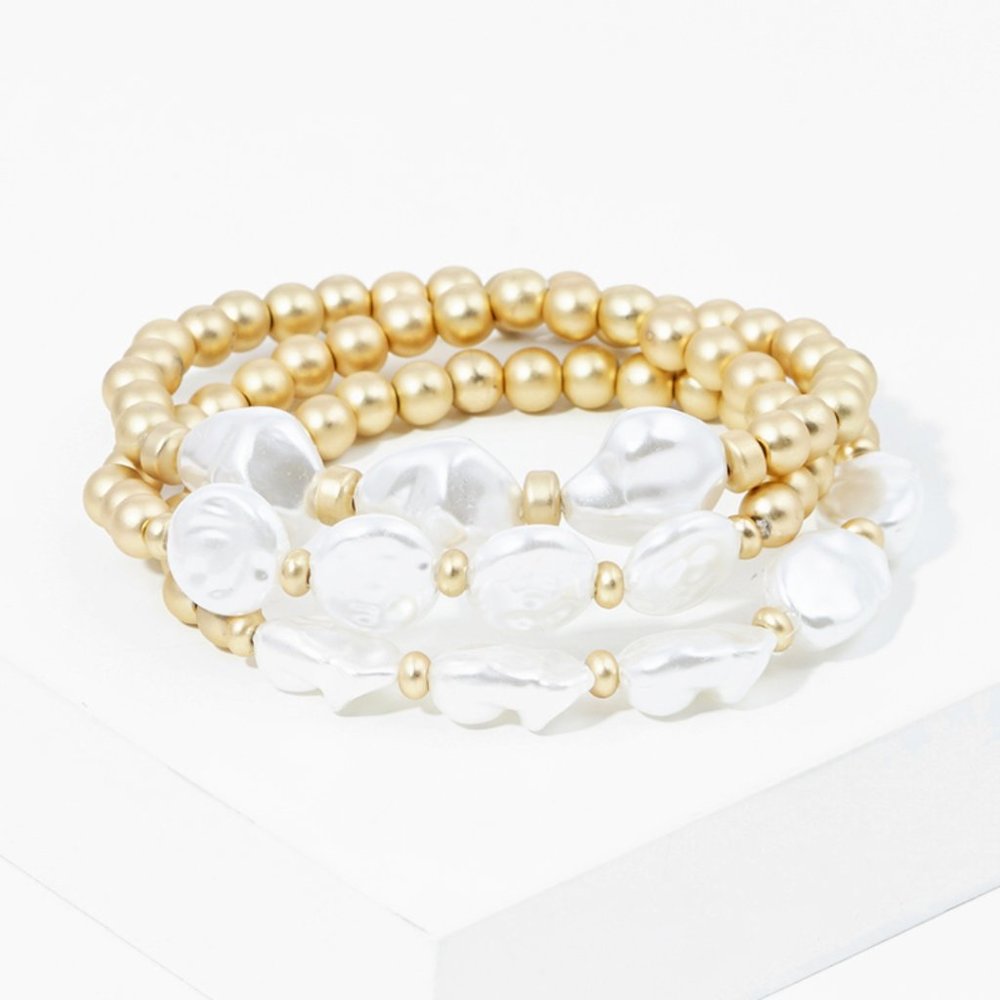 Stretch Bracelet 3‎ Stackable Baroque Pearl and Gold Beaded Fashion Jewelry Gift